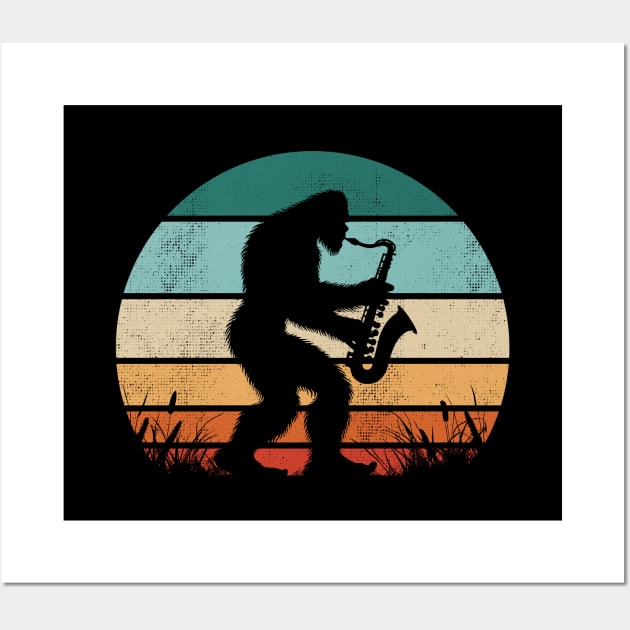 Vintage Bigfoot Playing the Saxophone Retro Sunset Music Lover Wall Art by Cuteness Klub